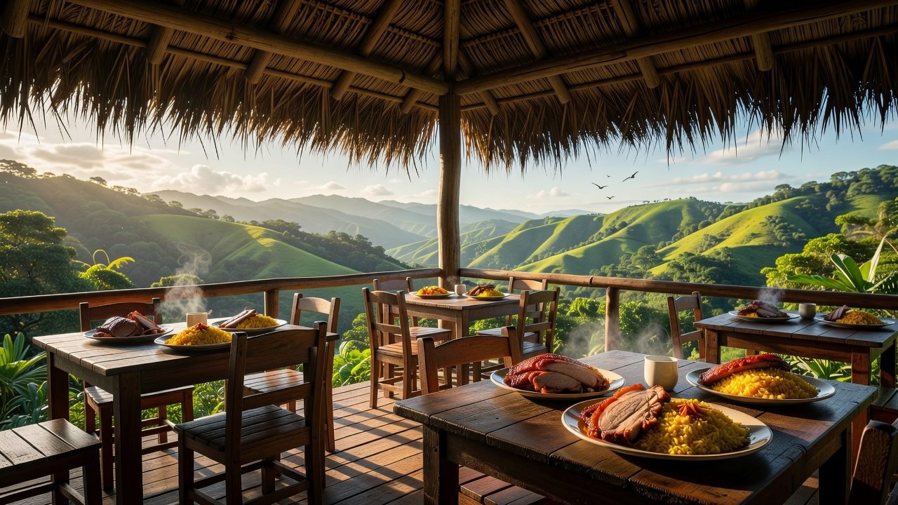 Imagen ilustrativa: terraza con techo de bohío y vista a un valle verde de montaña, con platos de pernil y arroz amarillo