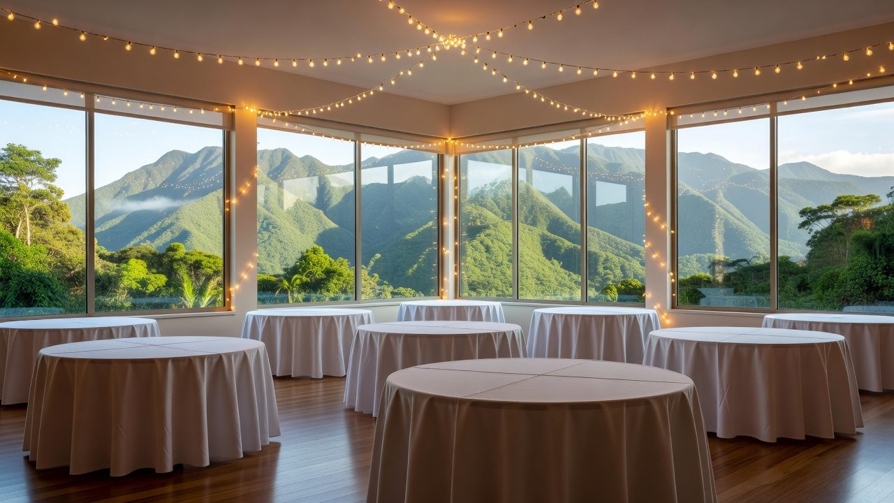 Imagen ilustrativa: salón de actividades decorado con mesas redondas, manteles blancos y luces