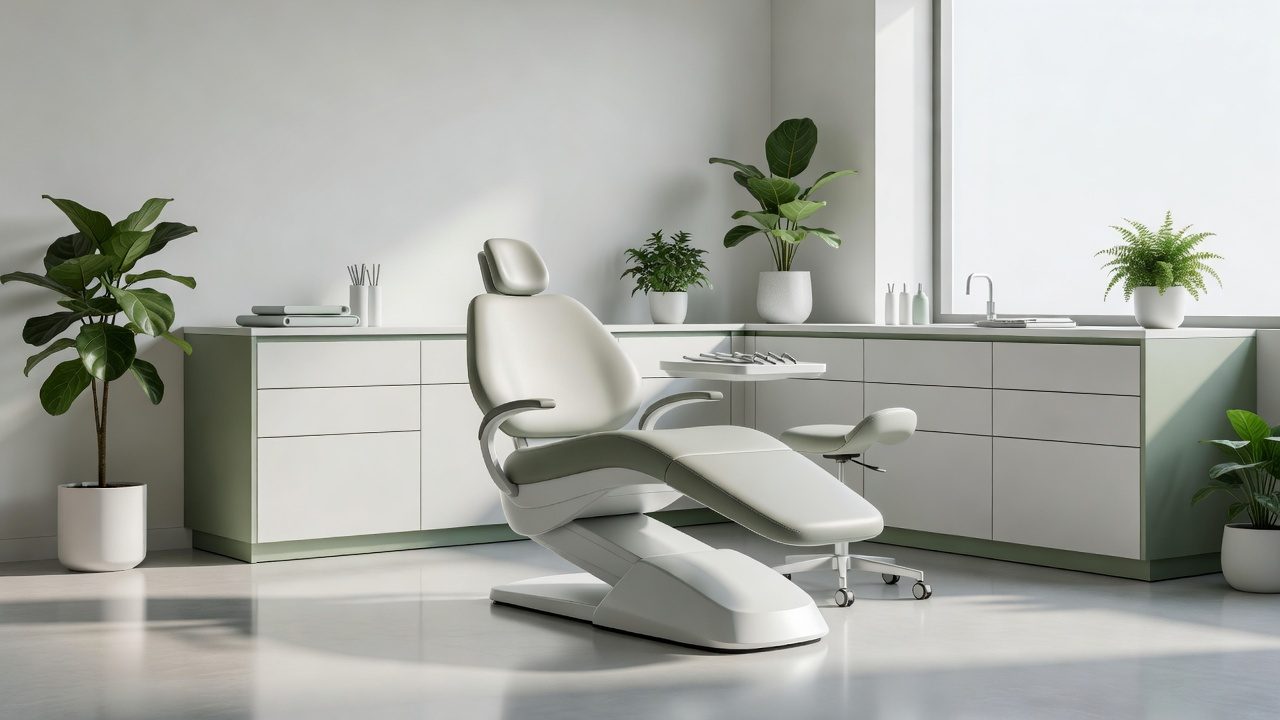 Imagen ilustrativa: consultorio dental moderno y luminoso con silla dental y detalles en verde