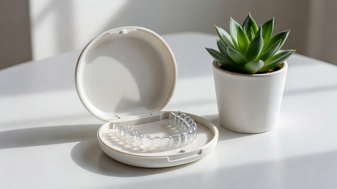 Imagen ilustrativa: aligners transparentes en su estuche junto a una pequeña planta