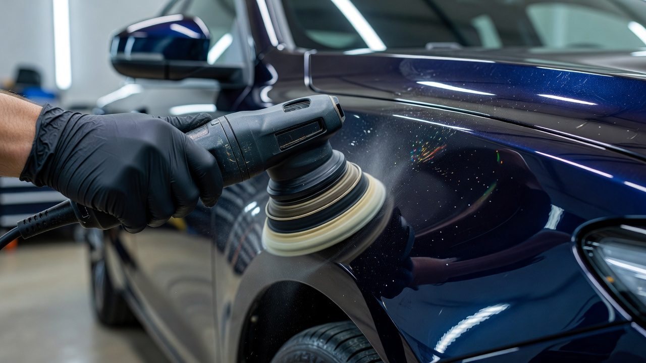 Imagen ilustrativa: mano con guante puliendo el guardalodo de un carro con pulidora orbital