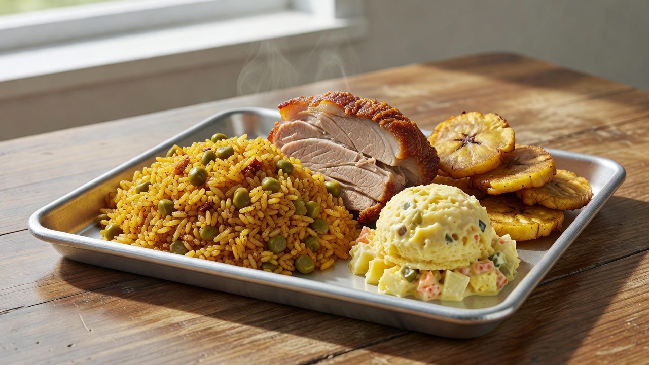 Imagen ilustrativa: plato de arroz con gandules, pernil, ensalada de papa y tostones