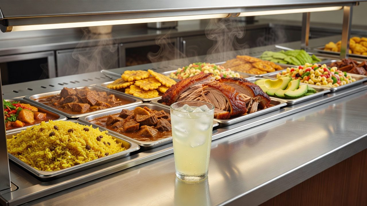 Imagen ilustrativa: mostrador estilo cafetería con bandejas de arroz, guisos y pernil, y una limonada fresca