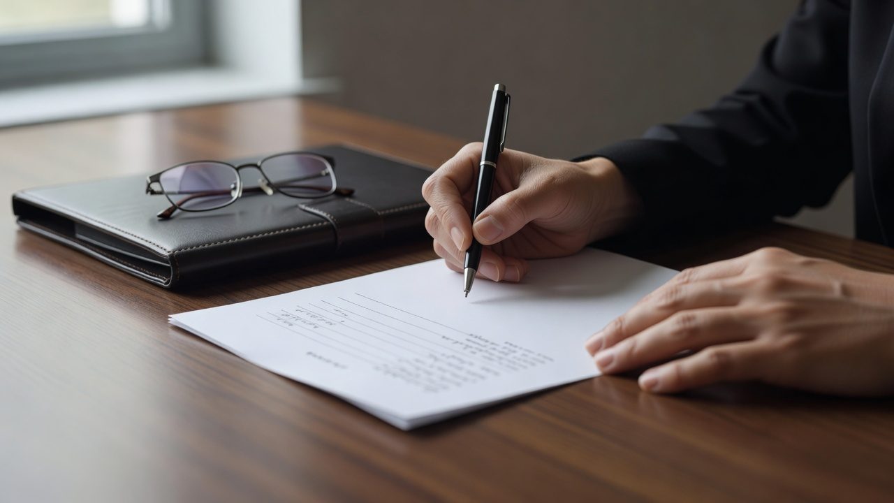 Imagen ilustrativa: manos firmando un documento sobre un escritorio junto a una carpeta y espejuelos